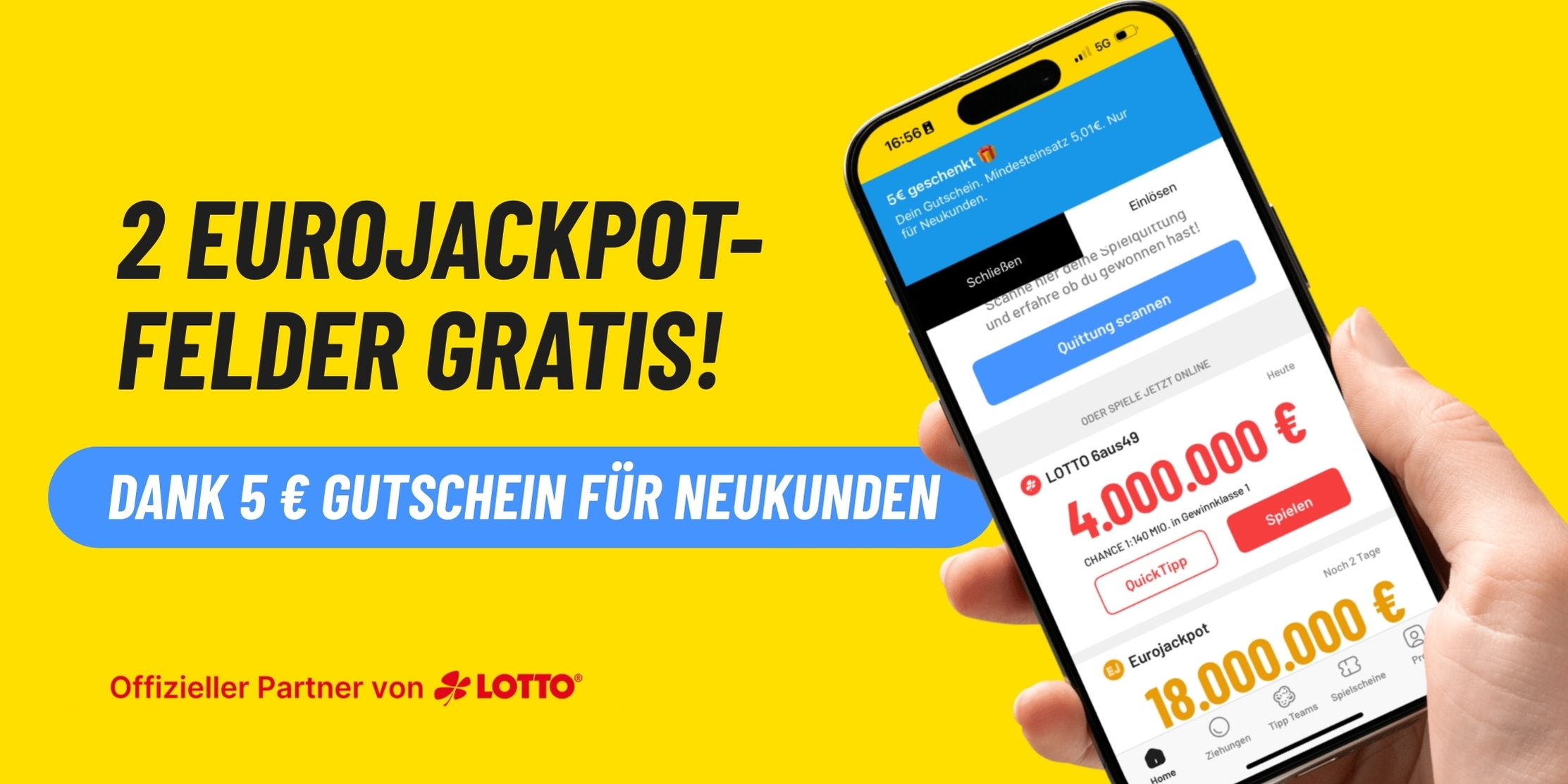 Eurojackpot Ticket kostenlos – 2 Felder gratis mit 5€ Gutschein für Neukunden